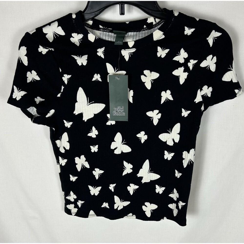 Wild Fable Girl’s Med. Butterfly Crop Top Shirt Black White Ribbed Short Sleeve